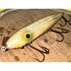 Vintage Wooden Freshwater  Lure Yellow Black Dot 3 Treble Hooks